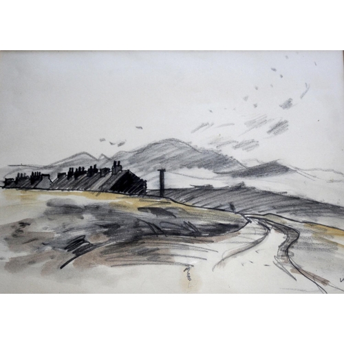 774 - SIR KYFFIN WILLIAMS, RA (1918-2006) A HAMLET IN THE HILLS Signed with initials, charcoal and washes... 
