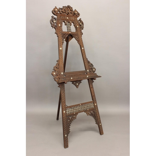 875 - MOORISH ARTIST EASEL early 20thc, a hardwood easel with carved and inlaid decoration and bobbin turn... 