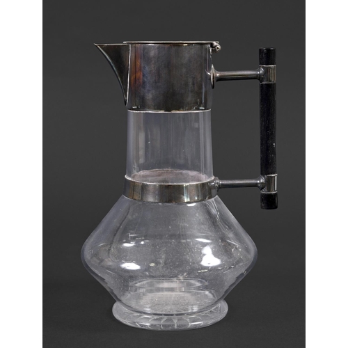 882 - ARTS & CRAFTS CLARET JUG - MAPPIN BROTHERS in the manner of Christopher Dresser, with a glass body a... 