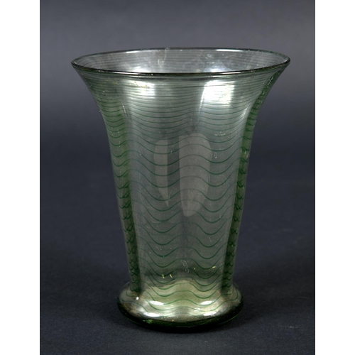 883 - WHITEFRIARS GLASS VASE a circa 1930's 'threaded' designed vase, the green tinted vase with wavy effe... 