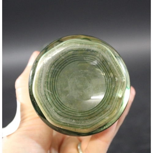 883 - WHITEFRIARS GLASS VASE a circa 1930's 'threaded' designed vase, the green tinted vase with wavy effe... 