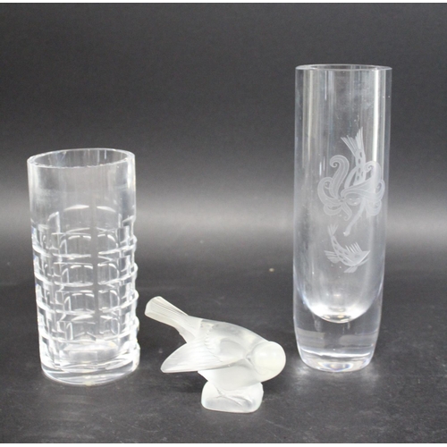 886 - LALIQUE GLASS BIRD a small frosted glass bird by Lalique (10cms long), also with a large cylindrical... 
