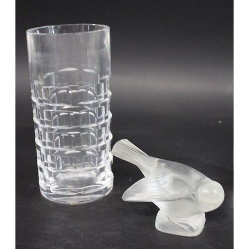 886 - LALIQUE GLASS BIRD a small frosted glass bird by Lalique (10cms long), also with a large cylindrical... 