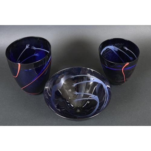 888 - MORAG GORDON CONTEMPORARY GLASS including a large cased blue glass vase etched with two elongated fi... 
