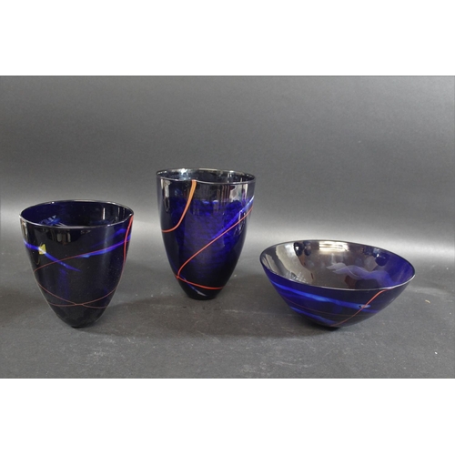 888 - MORAG GORDON CONTEMPORARY GLASS including a large cased blue glass vase etched with two elongated fi... 