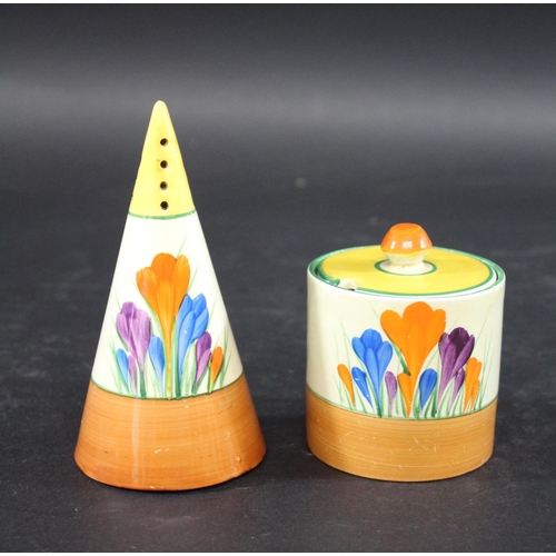 905 - CLARICE CLIFF SUGAR SIFTER a conical shaped sugar sifter in the Crocus design, also with a lidded pr... 