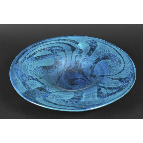 912 - LARGE MDINA GLASS BOWL - MICHAEL HARRIS, 1969 a large shallow bowl with a turquoise and yellow swirl... 