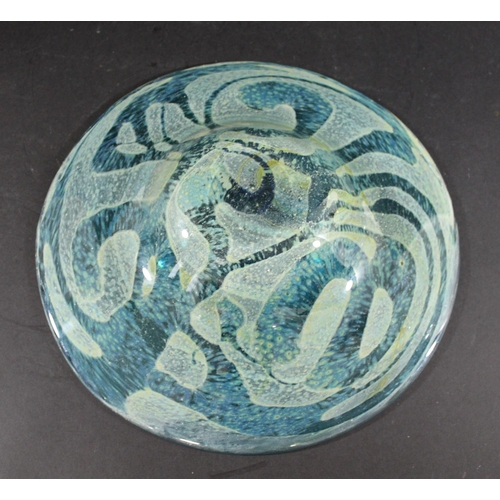 912 - LARGE MDINA GLASS BOWL - MICHAEL HARRIS, 1969 a large shallow bowl with a turquoise and yellow swirl... 