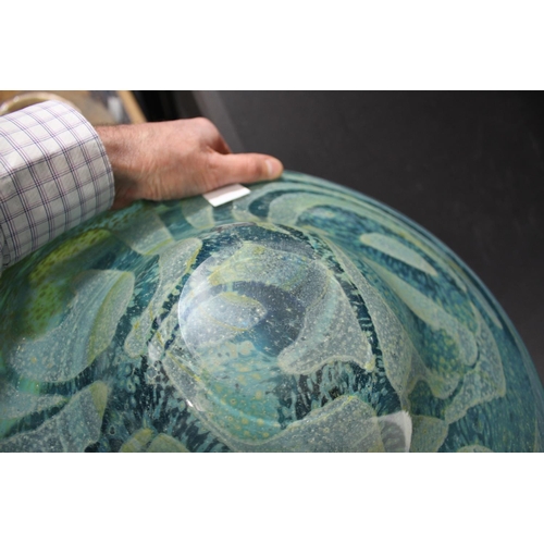 912 - LARGE MDINA GLASS BOWL - MICHAEL HARRIS, 1969 a large shallow bowl with a turquoise and yellow swirl... 