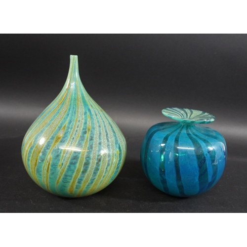 913 - MDINA GLASS VASE - 1977 with a shallow circular neck and globular body, with a turquoise and yellow ... 