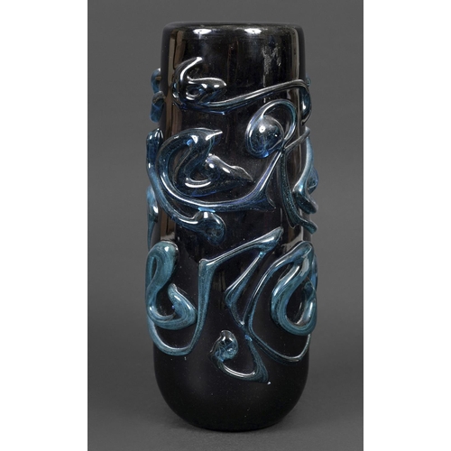 914 - LARGE MDINA GLASS VASE - MICHAEL HARRIS, 1969 an unusual cylindrical purple glass vase, with applied... 