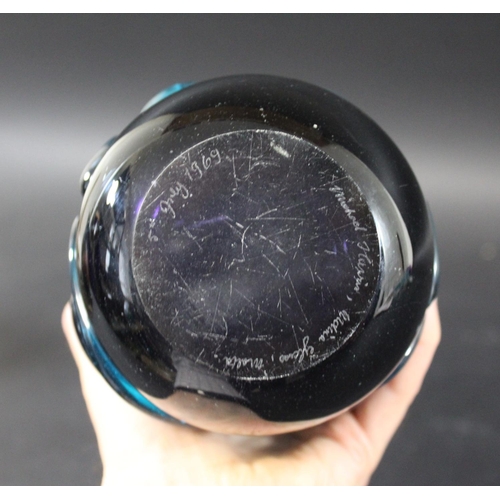 914 - LARGE MDINA GLASS VASE - MICHAEL HARRIS, 1969 an unusual cylindrical purple glass vase, with applied... 