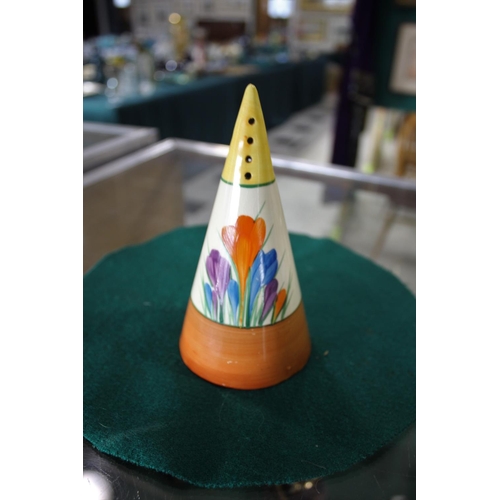 905 - CLARICE CLIFF SUGAR SIFTER a conical shaped sugar sifter in the Crocus design, also with a lidded pr... 