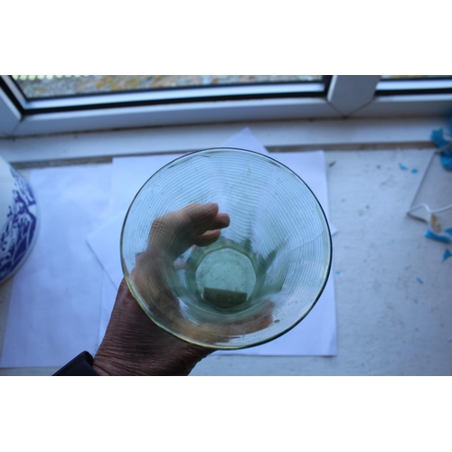 883 - WHITEFRIARS GLASS VASE a circa 1930's 'threaded' designed vase, the green tinted vase with wavy effe... 