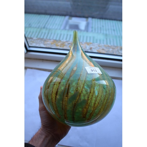 913 - MDINA GLASS VASE - 1977 with a shallow circular neck and globular body, with a turquoise and yellow ... 