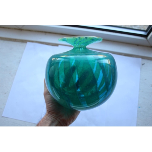 913 - MDINA GLASS VASE - 1977 with a shallow circular neck and globular body, with a turquoise and yellow ... 