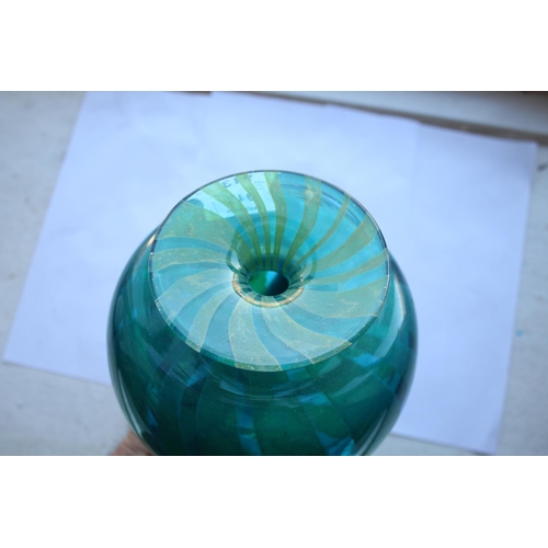 913 - MDINA GLASS VASE - 1977 with a shallow circular neck and globular body, with a turquoise and yellow ... 