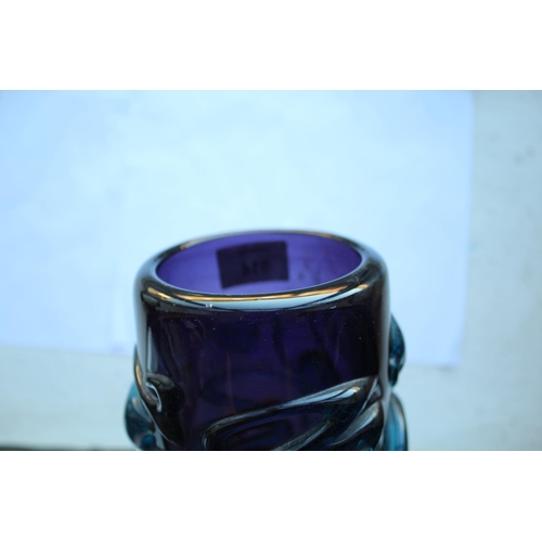 914 - LARGE MDINA GLASS VASE - MICHAEL HARRIS, 1969 an unusual cylindrical purple glass vase, with applied... 