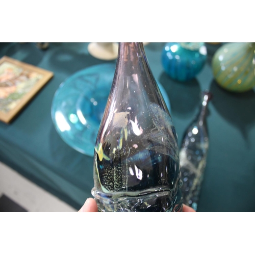 915 - MDINA GLASS BOTTLE VASES three large bottle shaped vases, each with slender necks and square shaped ... 