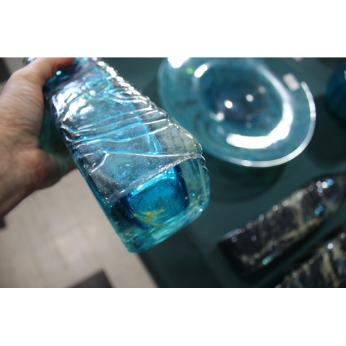 915 - MDINA GLASS BOTTLE VASES three large bottle shaped vases, each with slender necks and square shaped ... 
