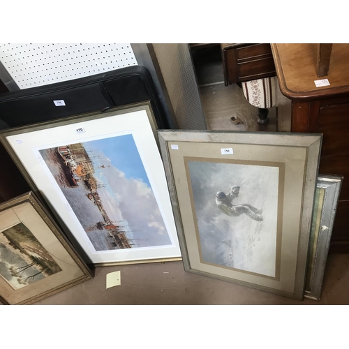 170 - Two Rural Watercolours and Three Assorted Prints (inc. Dollman's `A Very Gallant Gentleman`) and a F... 