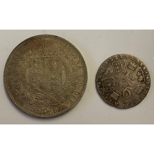 1009 - A GEORGE III SIXPENCE AND VICTORIA HALF CROWN. A George III Sixpence wih semee of hearts, dated 1787... 