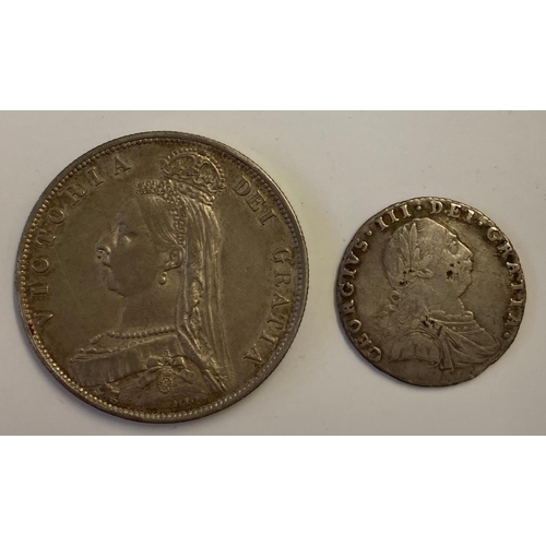 1009 - A GEORGE III SIXPENCE AND VICTORIA HALF CROWN. A George III Sixpence wih semee of hearts, dated 1787... 