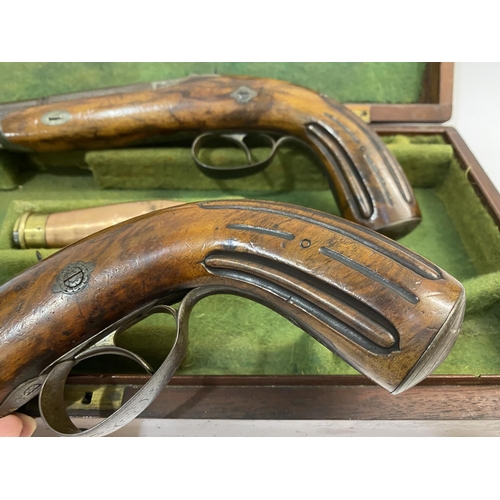 416 - A PAIR OF NINETEENTH CENTURY RIFLED TARGET PISTOL BY TOUREY OF LIEGE. A pair of pistols with 18cm Da... 