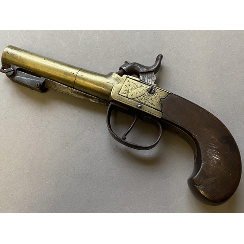 437 - A 19TH CENTURY PERCUSSION CAP PISTOL AND ACCESSORIES. A small percussion cap firing pistol engraved ... 