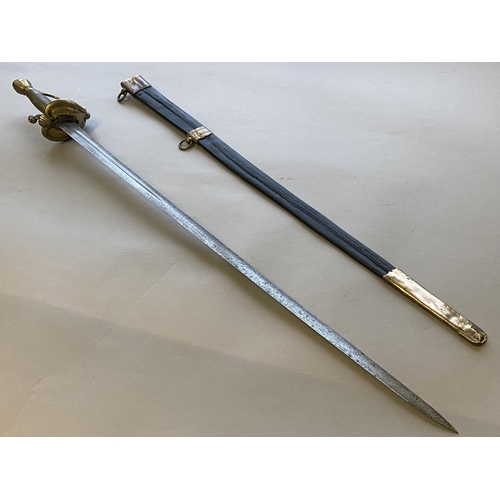 487 - A GENERAL OFICERS SWORD WITH PAS D'ANES RINGS. With a 76cm double edged broad-sword style partially ... 