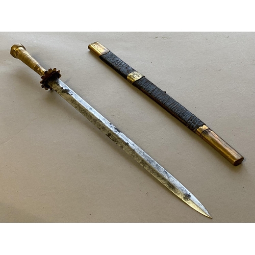 497 - A 19TH CENTURY NAVAL DIRK. With a 28cm straight pointed blade, lobbed circular brass guard and simil... 