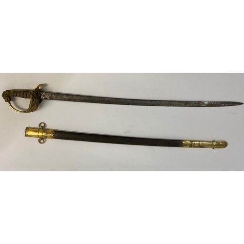 513 - A NAVAL OFFICERS SWORD AND SCABBARD. A Naval Officers sword with a slightly curved 73cm pointed, sin... 