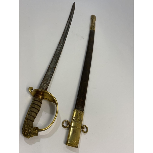 513 - A NAVAL OFFICERS SWORD AND SCABBARD. A Naval Officers sword with a slightly curved 73cm pointed, sin... 