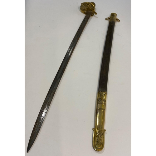 513 - A NAVAL OFFICERS SWORD AND SCABBARD. A Naval Officers sword with a slightly curved 73cm pointed, sin... 