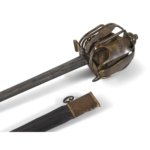 519 - A 1798 PATTERN OFFICERS HIGHLAND BASKET HILTED BROADSWORD. With an 81cm pointed, double sided and pa... 