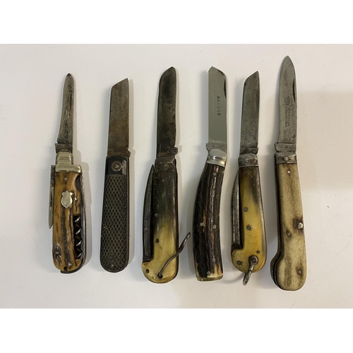 565 - A COLLECTION OF SIX FOLDING POCKET KNIVES. A folding knife with an 8.5cm blade marked Wingfield Rowb... 