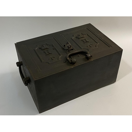 685 - A VICTORIAN MILITARY REVENUE STRONG BOX. A Cast Iron Strong box and key, the rectangular lid with tw... 