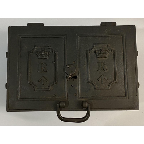 685 - A VICTORIAN MILITARY REVENUE STRONG BOX. A Cast Iron Strong box and key, the rectangular lid with tw... 