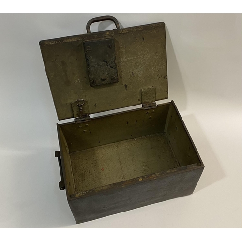 685 - A VICTORIAN MILITARY REVENUE STRONG BOX. A Cast Iron Strong box and key, the rectangular lid with tw... 