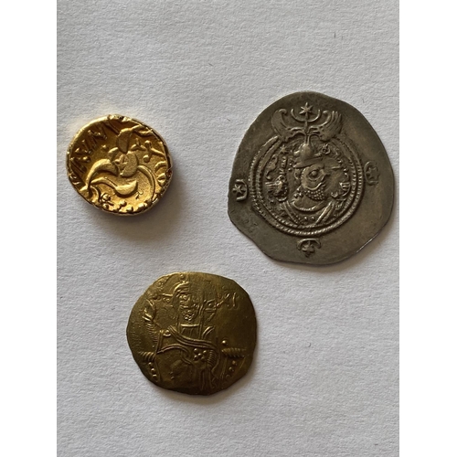 940 - THREE ANCIENT TYPE COINS. A gilt metal coin, concave, obverse with a bearded figure of Christ facing... 