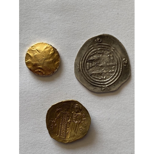 940 - THREE ANCIENT TYPE COINS. A gilt metal coin, concave, obverse with a bearded figure of Christ facing... 