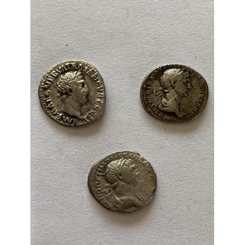 954 - THREE ROMAN SILVER DENARIUS. Roman silver Denarius: Trajan, 98-117 AD, Rome Mint. Obv: Laureate bust... 