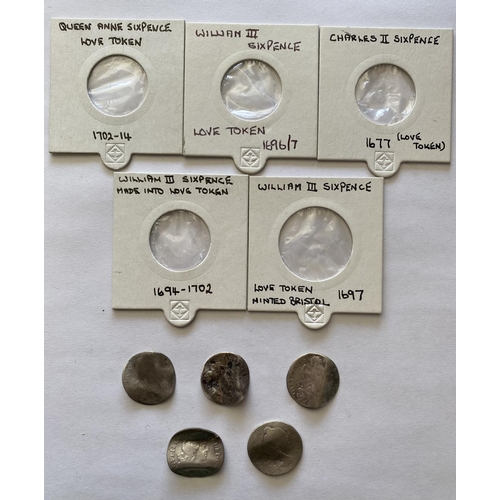 995 - A COLLECTION OF SILVER COINS BENT AS LOVE TOKENS. Five silver sixpence coins, all bent in two direct... 