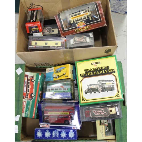 1602 - CORGI BOXED BUSES & CARS 3 boxes of boxed models including Buses in Britain (26105 London Transport ... 