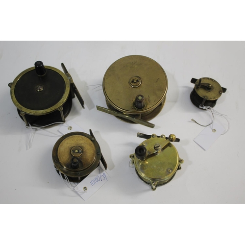 2138 - ARMY & NAVY BRASS REELS including a 4' brass reel with wooden winder, and a 2 3/4' reel with ebonise... 