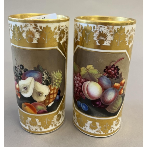 86 - Pair of 19thC Derby Spill Vases, Hand Painted with Panels of Fruit, Gilt Surrounds. 11cms High, One ... 