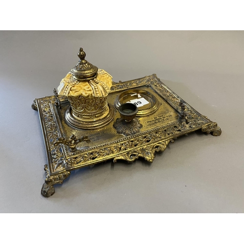 89 - Gilt Brass Inkstand with One Porcelain Receiver (Incomplete)