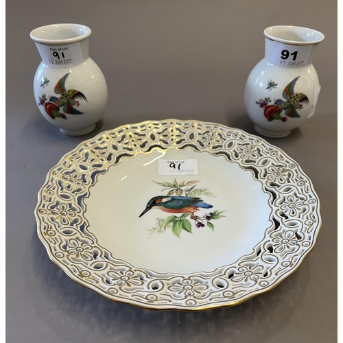 91 - Porcelain Plate with Kingfisher and Two Small Meissen Vases