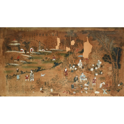 1003 - LARGE CHINESE PAINTING a painting on paper, with various figures carrying out household chores aroun... 