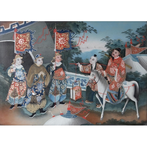 1005 - 19THC CHINESE REVERSE GLASS PAINTING a processional painting with a figure on horseback and various ... 